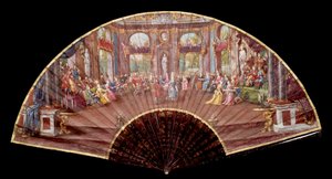 Scena balu na dworze Ludwika XIV (1638-1715) XVIII-wieczny wachlarz Paryż, sztuka dekoracyjna autorstwa French School