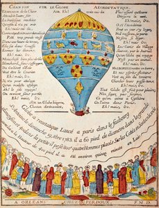 Lot balonem: doświadczenie braci Montgolfier 19 października 1783 r. w ogrodzie Monsieur Reveillon, faubourg Saint Antoine w Paryżu. Rycina z epoki. Paryż, B.N. autorstwa French School