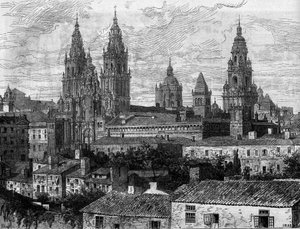 Sztuka baroku: widok na katedrę w Santiago de Compostela (Santiago de Compostela). Hiszpania. Grawer w „”Le Monde Illustré””n°1220 z 14 sierpnia 1880 r. autorstwa French School