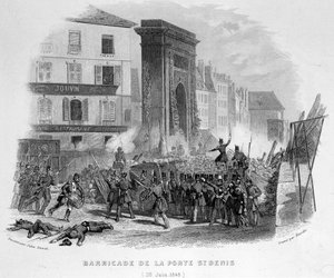 Barykada Porte Saint Denis (23 czerwca 1848) - w „Fasttes de Gardes Nationales de France”” autorstwa French School