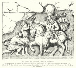 Płaskorzeźba w pobliżu Kazerun, Iran, przedstawiająca zwycięstwo króla Sasanii Szapura I nad cesarzem rzymskim Walerianem w bitwie pod Edessą, 260 (rycina) autorstwa French School