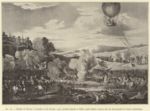 Bitwa pod Fleurus, 8 Messdor Rok II (26 czerwca 1794), podczas której uwięziony balon wojskowy obserwuje wszystkie ruchy armii austriackiej (rycina) autorstwa French School