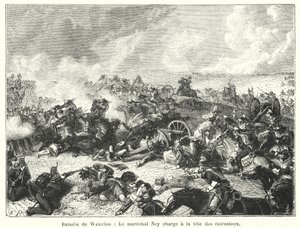 Bitwa pod Waterloo, marszałek Ney szarżujący na czele kirasjerów (rycina) autorstwa French School