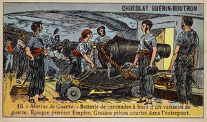 Bateria karronad na pokładzie francuskiego okrętu wojennego Pierwszego Cesarstwa, początek XIX wieku (chromolitho) autorstwa French School