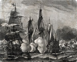 „Bitwa pod Bantry Bay bitwa morska stoczona 11 maja 1689, na tydzień przed wypowiedzeniem wojny dziewięcioletniej (bitwa morska w Bantry Bay stoczona 11 maja 1689, na tydzień przed wypowiedzeniem wojny dziewięcioletniej) Grawerowanie od Lahure