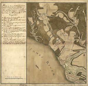 Bitwa pod Green Spring, mapa terenu na lewym brzegu rzeki James naprzeciw Jamestown w Wirginii, gdzie bitwa z 6 lipca autorstwa French School