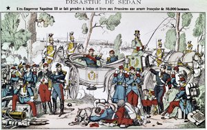 Bitwa pod Sedanem w 1870 roku. Były cesarz Napoleon III zostaje złapany pod Sedanem i dostarcza Prusom 80-tysięczną armię francuską, obraz kręgosłupa. autorstwa French School