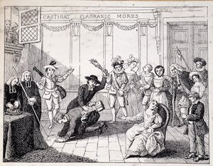 Beaumarchais biczujący się w Saint Lazare - scena sądzenia Beaumarchais, trzymającego w ręku broszurę "Folle journee" - z ap. obrazu Comedie Francaise, rycina autorstwa French School