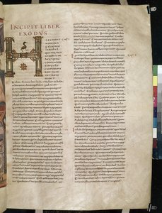 Początek Księgi Wyjścia ze zdobionym inicjałem „H” z Biblii Moutier-Grandval, autorstwa French School