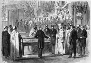 Ben Mahi Ed Din Abd El Kader (Abd El-Kader) (1808 - 1883) Emir algierski odwiedzający Muzeum Artylerii 18 lipca autorstwa French School