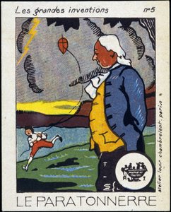 Benjamin Franklin, amerykański polityk i fizyk (1706-1790) i piorunochron (doświadczenie latawca) - Label, Deb. XX wiek autorstwa French School