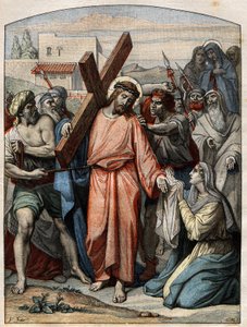 Scena biblijna - Droga Krzyżowa: Jezus ma twarz otartą przez św. Weronikę. Grawer w „Le Pelerin” z dnia 20 września 1896 r. autorstwa French School