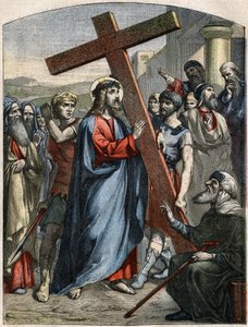 Scena biblijna - Droga Krzyżowa: Jezus jest ciężarem krzyża. Grawerowanie w „”Le Pelerin”” z 3 maja autorstwa French School