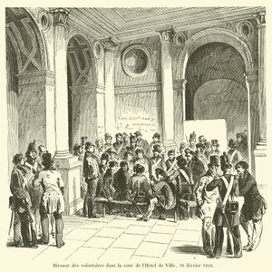 Biwak wolontariuszy na dziedzińcu Hôtel de Ville, 26 lutego 1848 r. autorstwa French School