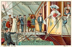 Wejście na pokład sterowca w Londynie (chromolitho) autorstwa French School