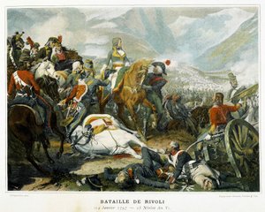 Bonaparte (w środku), po zwycięstwie nad Austriakami w bitwie pod Rivoli (Włochy) 14 stycznia autorstwa French School