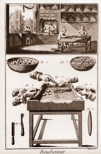 Bouchonnier, produkcja zatyczek korkowych - „” La Grande Encyclopédie, ou Dictionnaire Raisonne des Sciences, des Arts et des Metiers” (Encyklopedia lub Słownik Nauk, Sztuki i Zawodów) autorstwa Denisa Diderota (1713-1784) i Jeana d
