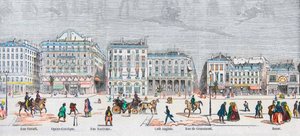 Boulevard des Italiens strona południowa - Rue Favart - Opera comic - Rue Marivaux - Kawiarnia angielska - Rue Grammont - Bazar - Grawerowanie w „Tableau-de-Paris” autorstwa Edmonda Texiera 1852 autorstwa French School