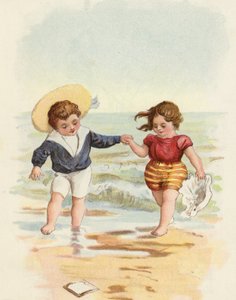 Chłopiec i dziewczynka bawią się na plaży autorstwa French School