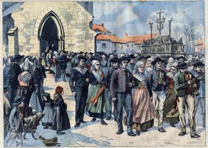 Zwyczaj bretoński: Tradycyjne małżeństwo w Plougastel (Finistere, Bretania). Małżeństwa opuszczają Kościół. Grawer w „”Le Petro Parisien”” autorstwa French School