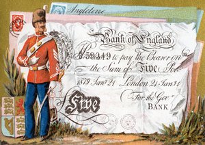 Żołnierz armii brytyjskiej strzegący pięciofuntowego banknotu Banku Anglii, 1886-95 autorstwa French School