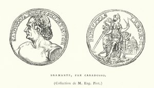 Brązowy medal portretowy włoskiego architekta renesansu Donato Bramante autorstwa Caradosso, c1506 (rycina) autorstwa French School