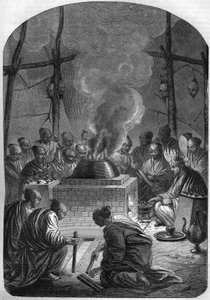 Buddyzm: spalenie tybetańskiego lamy (arcykapłana) wśród ludu Kałmuków, Rosja autorstwa French School