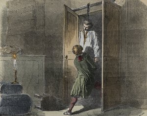 Sprawa Calas: 13 października 1761 Marc Antoine Calas zostaje znaleziony powieszony w rodzinnym butiku w Tuluzie - Grawer w „„Przyczyny celebres de tous les peuples” Armanda Fouquiera (1817-18?) 1858-1867 – kolekcja prywatna autorstwa French School
