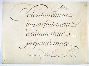Kaligrafia: fragment rękopisu około 1670 autorstwa Andre Francois Rolanda. „celowo, niedoskonale, egzaminatorzy, przewaga””. autorstwa French School