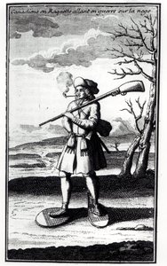 Kanadyjczyk w rakietach śnieżnych idący na wojnę na śniegu, z Histoire de lAmerique septentrionale Bacqueville de La Potherie (1663-1736) wydany w 1753 r. autorstwa French School