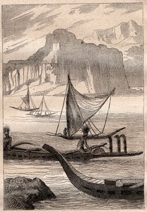 Kajaki Wysp Markizowych - ilustracja zaczerpnięta z „Wielkich Marynarzy XVIII wieku”” autorstwa French School