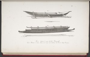 [Kajaki Wysp Marshalla, kajak i broń Wysp Cooka], z Picturesque Voyage Round the World, z Portretami Dzikich z Ameryki, Azji, Afryki i Wysp Oceanu Wielkiego; krajobrazy, widoki na morze i nie tylko autorstwa French School