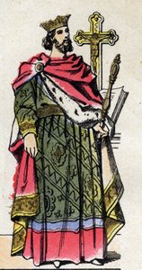 Dynastia Kapetyńska: Portret Roberta II Pobożnego (972-1031), króla Franków od 996 do 1031. Obraz epinal z końca XIX wieku. Prywatna kolekcja. autorstwa French School