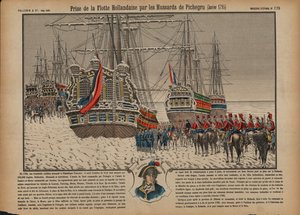 Zdobycie floty holenderskiej na zamarzniętym Ijsselmeer przez francuskich huzarów dowodzonych przez generała Pichegru, styczeń 1795 (kolorowy grawerunek) autorstwa French School