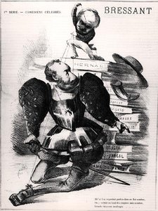 Karykatura Jeana Baptiste Francois Bressant (1815-86) jako Don Carlos w „Hernani” Victora Hugo (1802-85), ilustracja na okładkę „Le Masque”, 27 sierpnia 1867 (rycina) (zdjęcie czarno-białe) autorstwa French School