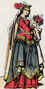 Dynastia Karolingów: Portret Hildegardy z Vintzgau (w. 758-783), żony Karola Wielkiego lub Karola Wielkiego (Carolus Magnus, 742-814). Obrazowanie epinal z końca XIX wieku. Prywatna kolekcja. autorstwa French School