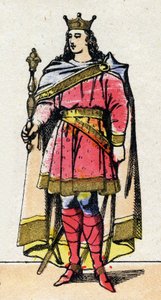 Dynastia Karolingów: Portret Ludwika V dit le Faineant (967-987), króla Franków od 986 do 987. Obrazowanie epinal z końca XIX wieku. Prywatna kolekcja. autorstwa French School