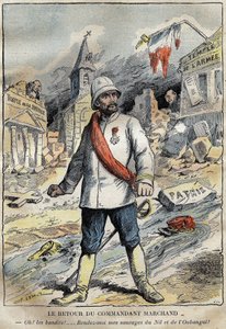 Karykatura o komandorze Jean-Baptiste (Jean Baptiste) Marchandzie (1863-1934) w Tulonie, powracającym z misji eksploracyjnej (1896-1899) w Afryce. Grawerowanie w „Le Pelerin”” 4/06/1899. autorstwa French School