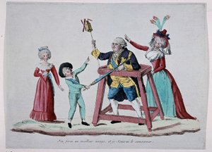 Karykatura o rodzinie królewskiej (Ludwik XVI i Maria Antonina z dziećmi) podczas rewolucji francuskiej, ok. 1790 r. - Musee Carnavalet autorstwa French School