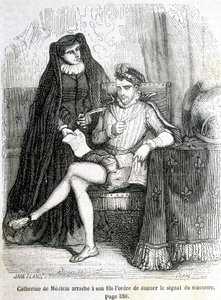 Katarzyna Medycejska (Caterina de Medici) odrywa od swojego syna (Karol IX) rozkaz nadania sygnału masakry św. Barthelemy w 1572 r. - w „Histoire de France” L.-P. Anquetil autorstwa French School