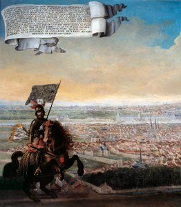 Cavalierski widok Paryża z Faubourg Saint Jacques Upamiętnienie obrony Paryża przez kanclerza Pepina des Essarts po zdradzie Etienne
