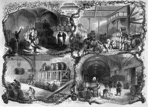Piwnice magazynu win i napojów spirytusowych (eaux-de-vie) w Paryżu; 1858. Grawer w „”Le Monde Illustré””n°46 z 27 lutego 1858. autorstwa French School
