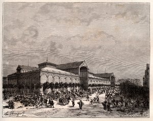 Hale centralne w Paryżu w XIX wieku - rycina w „La France illustree: geographie, histoire, administracja statystyka” V.A. Słodowo-Brązowy. 1884 autorstwa French School
