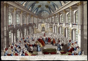 Ceremonia błogosławieństwa weselnego udzielonego w kaplicy wersalskiej 16 maja 1770 r. przez delfina francuskiego Ludwika Augusta (Ludwika XVI) i Marię Antoninę z Austrii - rycina autorstwa French School