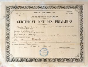 Certyfikat szkoły podstawowej, Academie de Lille, 1898 (tusz na papierze) autorstwa French School