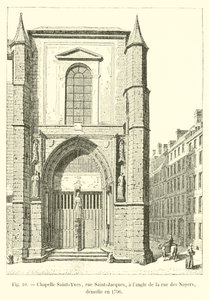 Kaplica Saint-Yves, rue Saint-Jacques, na rogu rue des Noyers, zburzona w 1796 r. autorstwa French School