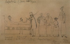 Charcot zaprojektowany przez jednego z jego uczniów. Od lewej do prawej: pacjentka Genevieve w kamizelce, doktor Desire Magloire Bourneville z termometrem, Jean Martin Charcot, Raymond i Brissaud, Me Tirperme i Charles Fere. Sala Świętej Królowej, Salpetri autorstwa French School
