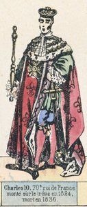 Karol 10, 70 król Francji, wstąpił na tron ​​1824, zmarł w 1836 (kolorowa rycina) autorstwa French School