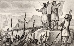 II Чарльз (823-77) Халзан ба түүний дүү Герман Луис нар 842 онд Страсбургт гэрээ байгуулав. 1840 онд хэвлэгдсэн Колартын "Францын түүх" номноос. autorstwa French School