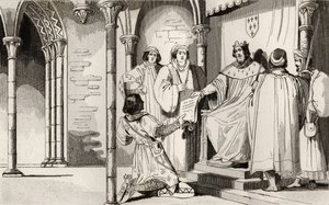 Karol IV (1294-1328) Przystojny otrzymuje apelację na dworze z „Histoire de France” Colarta, wydanej ok. 1840 r. (rycina) autorstwa French School